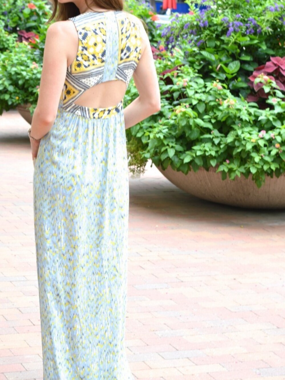 Zara Long Maxi Side Split Open Back Dress Yellow Gray Beach Small